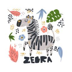 Cute zebra flat hand drawn illustration. African animal cartoon character with lettering. Jungle, rainforest, savanna fauna clipart. Zoo, safari mammal. Travel postcard, kid s book design element.