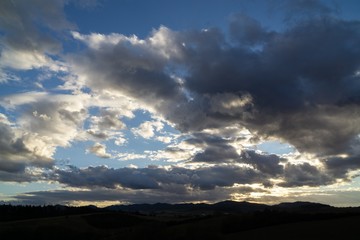 Sunrise or sunset over the hills and meadow. Slovakia