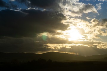 Sunrise or sunset over the hills and meadow. Slovakia