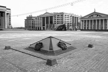 Minsk, Belarus - 29.03.2020: Zero kilometer. The reference point of the roads in the country. October Square