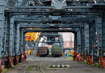 Industrial background. Business and transportation. Cargo termainal - railway cars rail transport...
