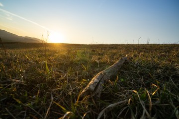 Sunrise or sunset over the hills and meadow. Slovakia