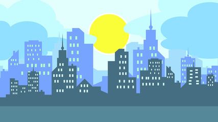 Naklejka premium City silhouette vector illustration with sun and clouds