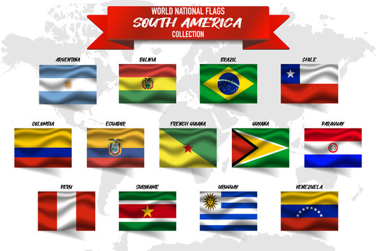 Set of realistic official world national flags, waving edition. isolated on map background. Object, icon and symbol for design. South America Collection. Argentina, Peru, Bolivia, Uruguay