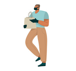 Hand drawn vector stock abstract graphic illustrations a man with an eco package working in the Internet delivery, well protected in a face mask and gloves isolated on white background