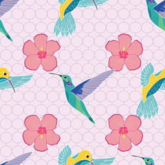 Seamless pattern of HummingBird and hibiscus flowers on light pink background