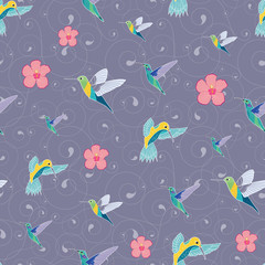 HummingBirds and hibiscus seamless pattern on a purple gray background with spiral texture