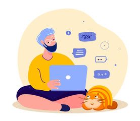 Coronavirus Epidemic Quarantine.Old Elderly Pensioner Aged Man Freelancer Work in Medical Face Mask, Home Office Worker. Internet in Laptop Computer.