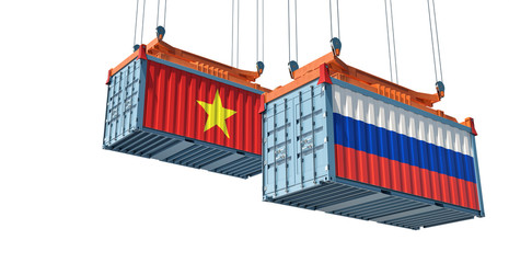 Shipping containers with Russia and Vietnam flag. 3D Rendering 