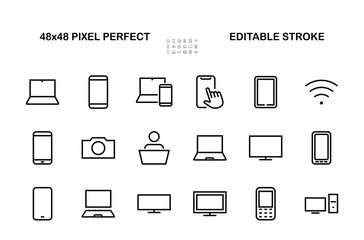  set of smart devices and gadgets, computer hardware and electronics. Electronic device icons for web and mobile vector lines. Editable stroke. 480x480 pixels