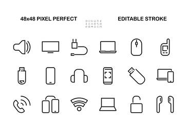 A set of smart devices and gadgets, computer hardware and electronics. Electronic devices icons for web and mobile vector lines. computer, telephone. Editable stroke. 48x48 pixels