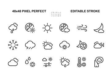 WEATHER set of icons, icons such as weather forecast and clouds, wind, rain, snow, weather settings and sunny weather and much more. Editable stroke, simple vector lines