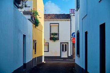 Narrow street in Ponta Delgada, Azores, Portugal.