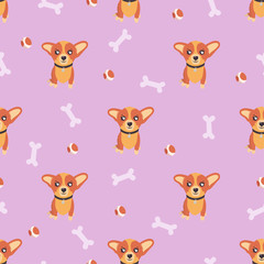 Dog seamless pattern, corgi puppy on pink background with bones and balls. Vector illustration in cute cartoon style