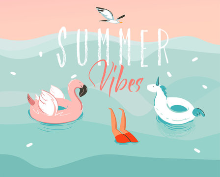 Hand drawn vector stock abstract graphic illustration with a jumping swimming boy with a unicorn and flamingo rubber ring and Summer Vibes typography isolated on ocean wave background