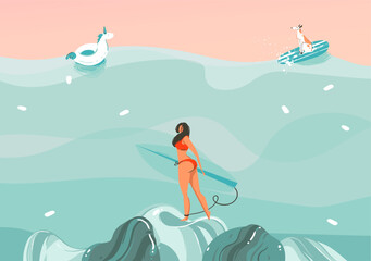 Obraz na płótnie Canvas Hand drawn vector stock abstract graphic illustration with a funny sunbathing surfer girl with dog in ocean waves landscape,swimming and surfing isolated on colour background