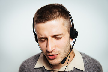 Executives working in call center wearing headsets