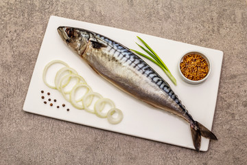 Pickled whole mackerel. Traditional seafood delicacy, healthy eating concept