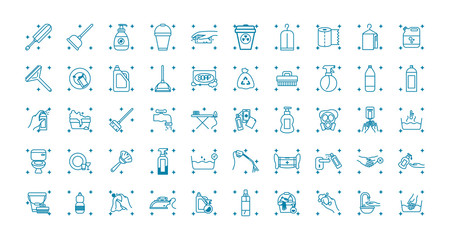 cleaning tools icon set, line style