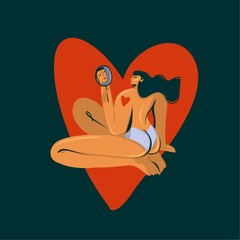 Hand drawn vector stock abstract graphic illustration with young naked girl looking herself in the mirror and big heart isolated on dark black background