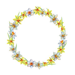 Watercolor wreath with yellow daffodils.Happy Easter greeting card. 