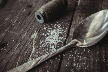 sugar, still life scattered on a wooden table