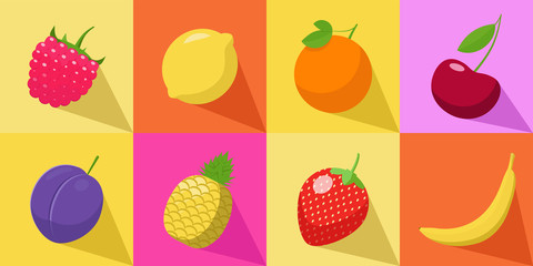 Colorful Set of tropical fruits in vector. Orange, raspberries, plum, pineapple, cherry, lemon, strawberry, banana. Side view. View from above. juicy illustration. vegetarian healthy fresh food