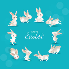 Happy Easter frame with rabbits. Set of 10 cute white hares in different poses on blue background. For greeting cards, festive banners, invitation, characters for children. Vector illustration.