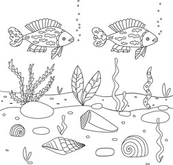 Vector illustration with algae, shell and fish, sea floor. Cute square page coloring book for children. Simple funny kid's drawing. Black lines, sketch on a white background.