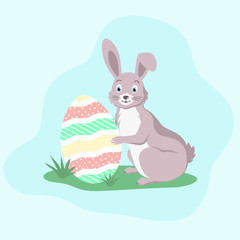 A cartoon rabbit. Easter Bunny with an egg. Easter design. Vector illustration.