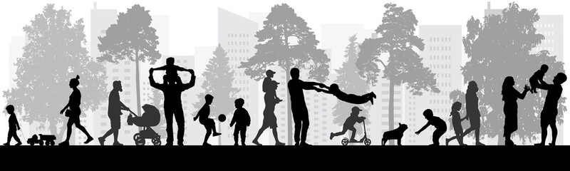 Happy people walking in park, silhouettes. Vector illustration. - obrazy, fototapety, plakaty