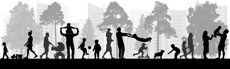 Foto op Canvas Happy people walking in park, silhouettes. Vector illustration. © nosyrevy