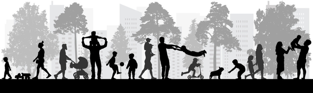 Happy people walking in park, silhouettes. Vector illustration.