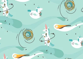 Cercles muraux Licorne Modèle sans couture d& 39 illustrations de dessin animé créatif graphique abstrait de vecteur dessiné à la main avec des licornes cosmonautes avec tatouage old school, comètes et planètes dans le cosmos isolé sur fond bleu