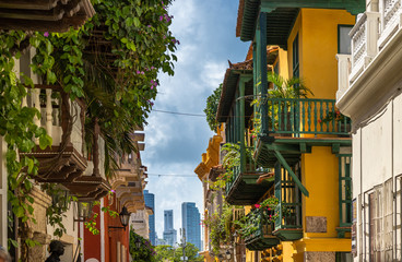 Cartagena de Indias Architecture. View of the colonial buildings and architecture of the Old city (Old town), the heart and core of the history of Cartagena de Indias, Colombia.
