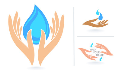 A drop of water held in the palm of our hands. Health and hygiene.