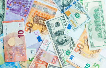 background of money. paper euros, rubles, and dollars. The concept of difference and uniformity of money. For financial journals and articles