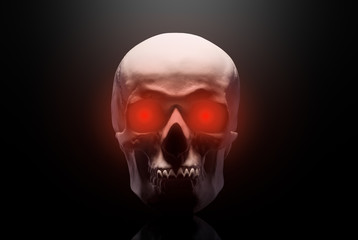 Model of the human skull with red eyes isolated on black background