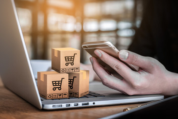 Online delivery shopping concept.Young business working sitting using smartphone at desktop...