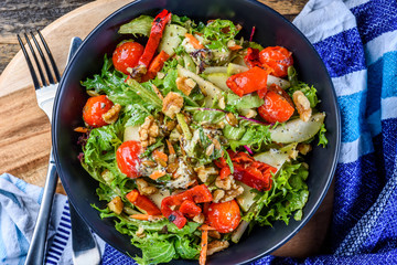 Blue Cheese Salad with 5 Seeds, Pears, Walnuts and Roast Capsicums