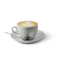 cup of hot cappuccino in white background