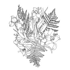 composition of bell flowers with fern leaves, monochrome vector illustration