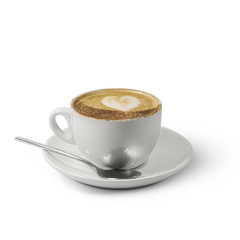 cup of hot cappuccino with heart art in white background