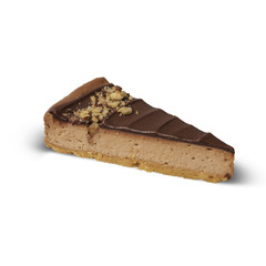 piece of chocolate cake on white background