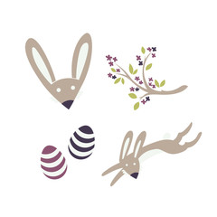 Vector elements for Easter or springtime. Bunny, blooming twig and eastereggs.