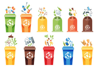 Garbage collection recycling. Plastic containers for garbage of different types. Rubbish container concept logo. Vector illustrations in cartoon style