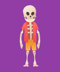 Funny cartoon skeleton posing while standing in shorts and a t-shirt. Vector bony character. Human bones illustration skeletal. Dead man on color background