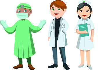 Medical Staff team with doctor wearing surgery clothes, ICU doctor and nurse holding book on her hand Illustrator 