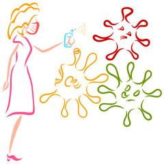 woman in a medical mask destroys microbes with an antiseptic, the fight against the virus and disinfection