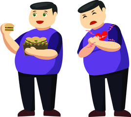 Young man likes to eat junk food and he has heart disease Vector Illustration